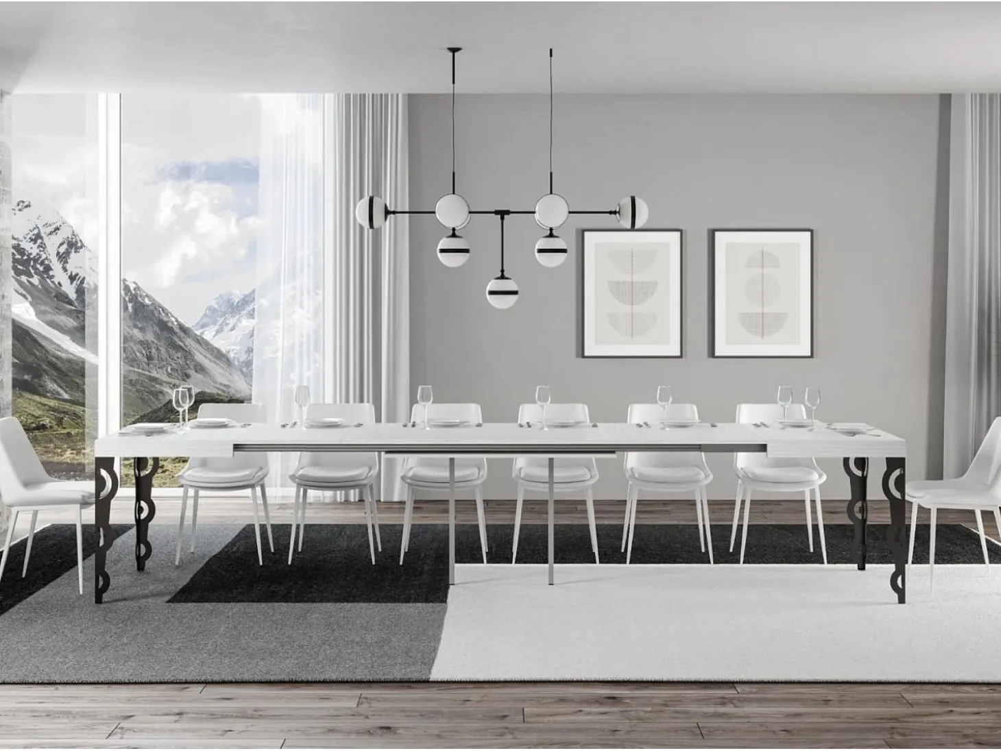 Mesa oriental rectangular extensible para 6 a 20 personas L 180 a 440 cm blanco brillo y ...