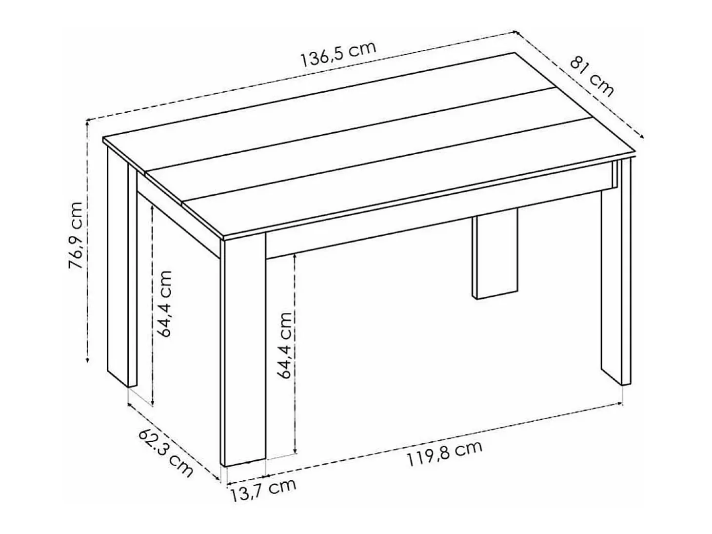 Mesa para salón fija Harley acabado natural, 77 cm(alto)138,5cm(ancho)81 cm(largo)