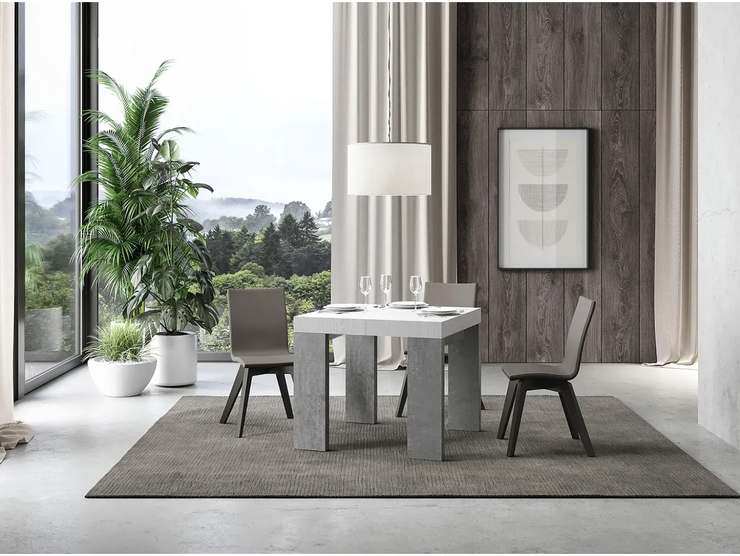 Mesa pequeña cuadrada extensible blanca y gris cemento 90 a 246 cm Ribo