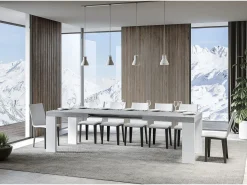 Mesa rectangular extensible hormigón gris y blanco 160 a 420 cm Ribo-Base y soporte con ruedas