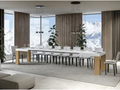 Mesa rectangular extensible madera blanca y natural 160 a 420 cm Ribo-Base y soporte con ruedas