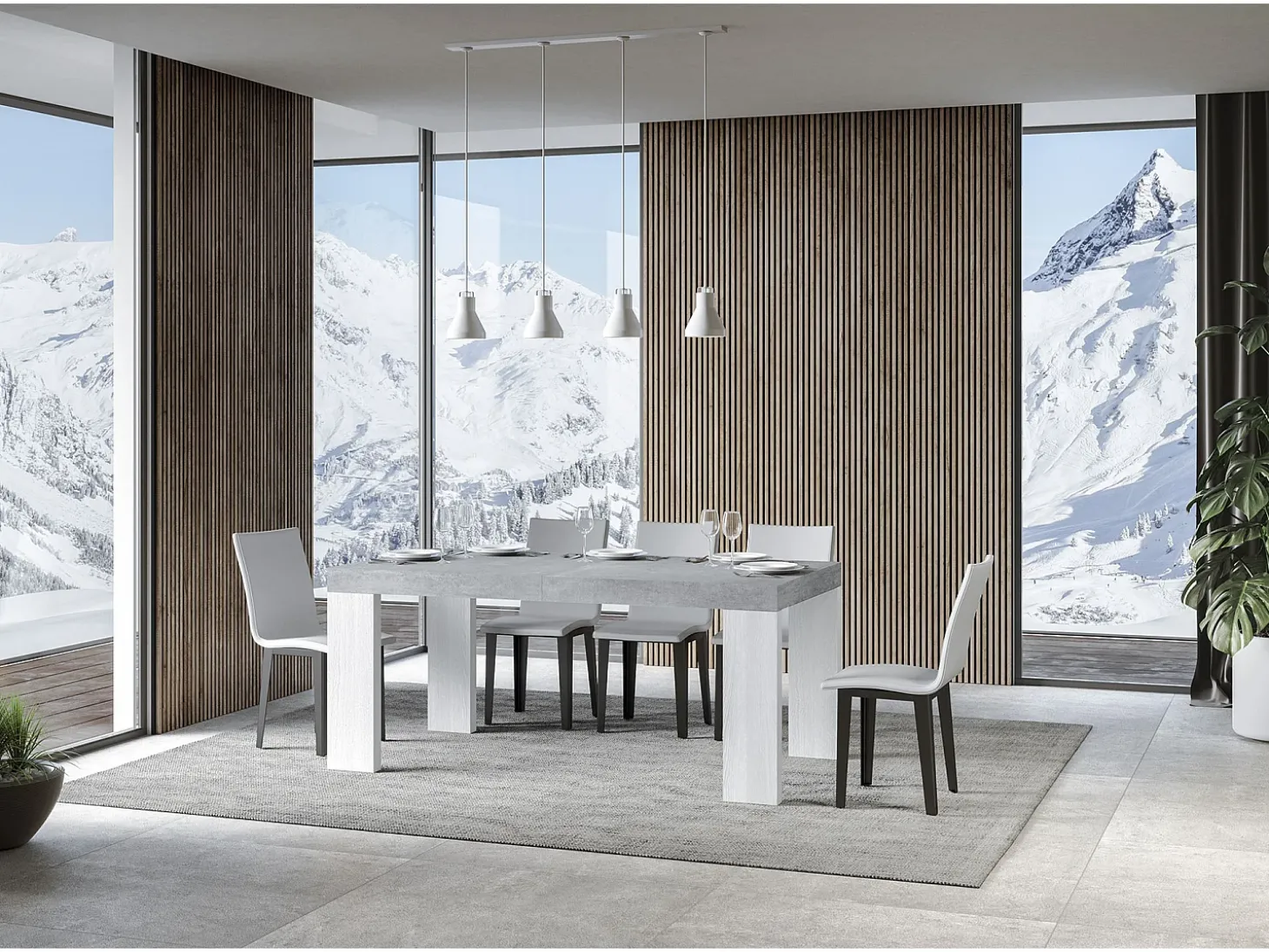 Mesa rectangular extensible hormigón gris y blanco 180 a 440 cm Ribo-Soporte 2 pies