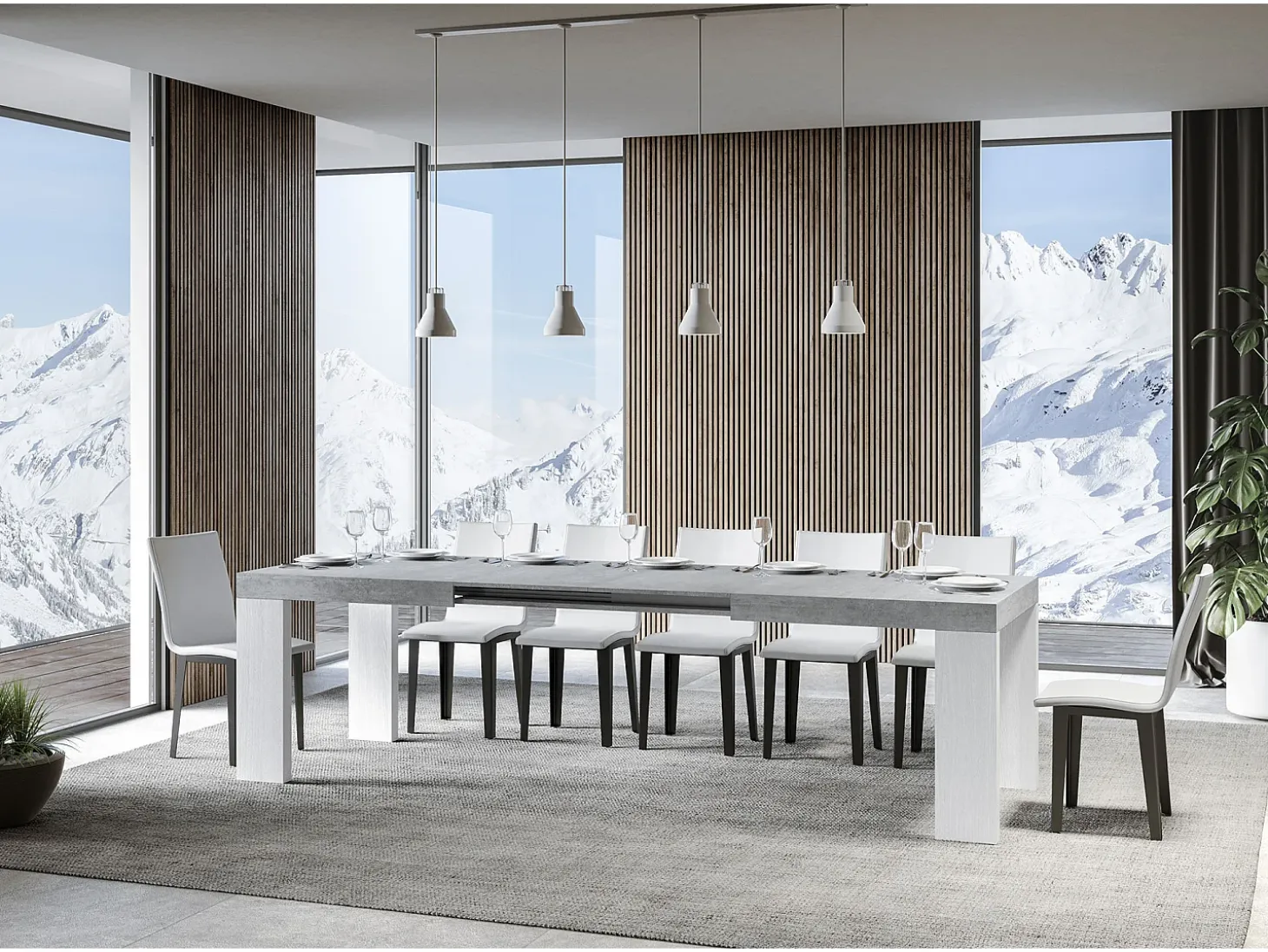 Mesa rectangular extensible hormigón gris y blanco 180 a 440 cm Ribo-Soporte 2 pies
