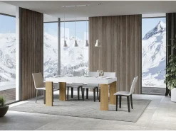 Mesa rectangular extensible madera blanca y natural 160 a 420 cm Ribo-Soporte 2 pies