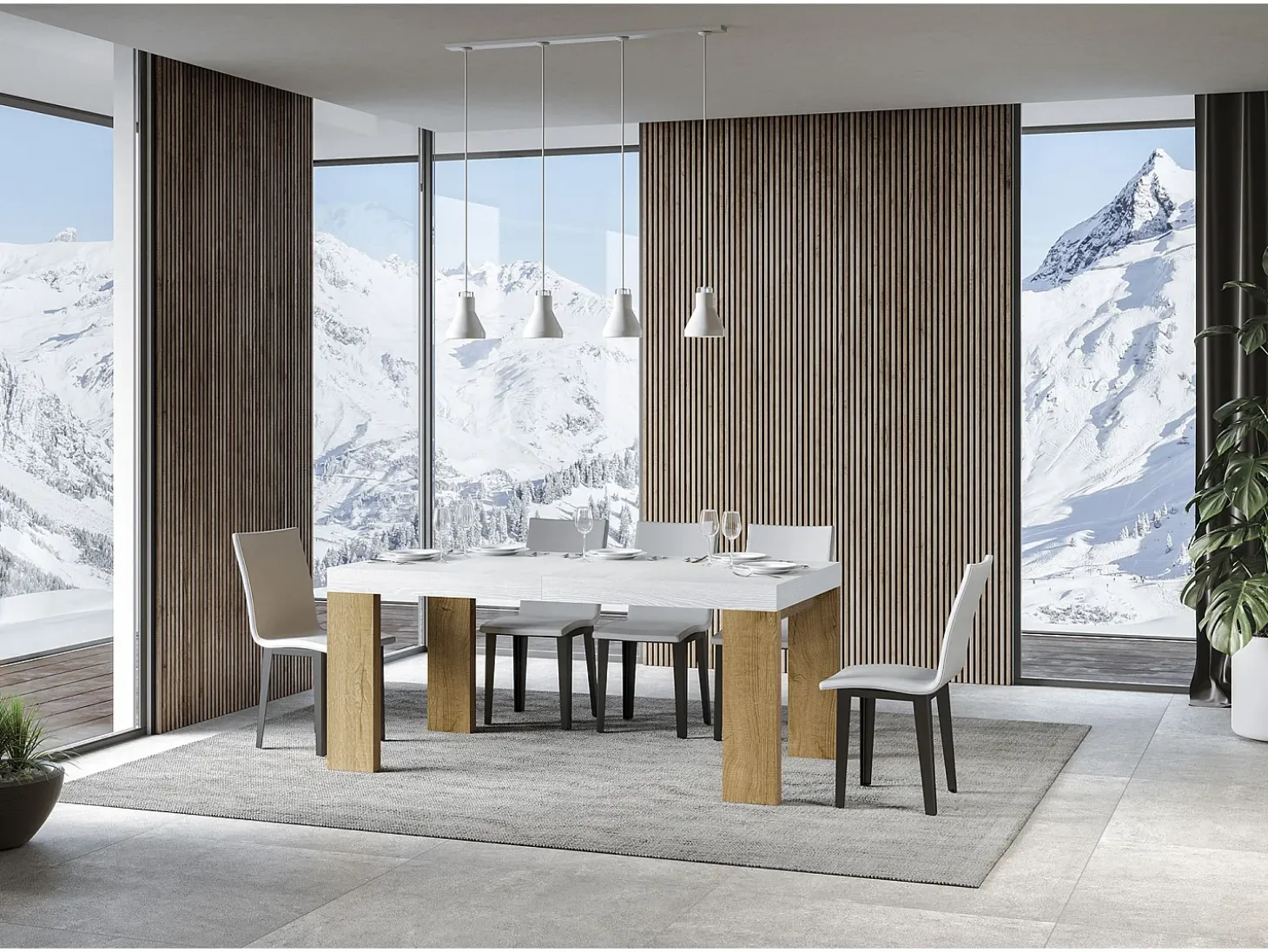 Mesa rectangular extensible madera blanca y natural 160 a 420 cm Ribo-Soporte 2 pies