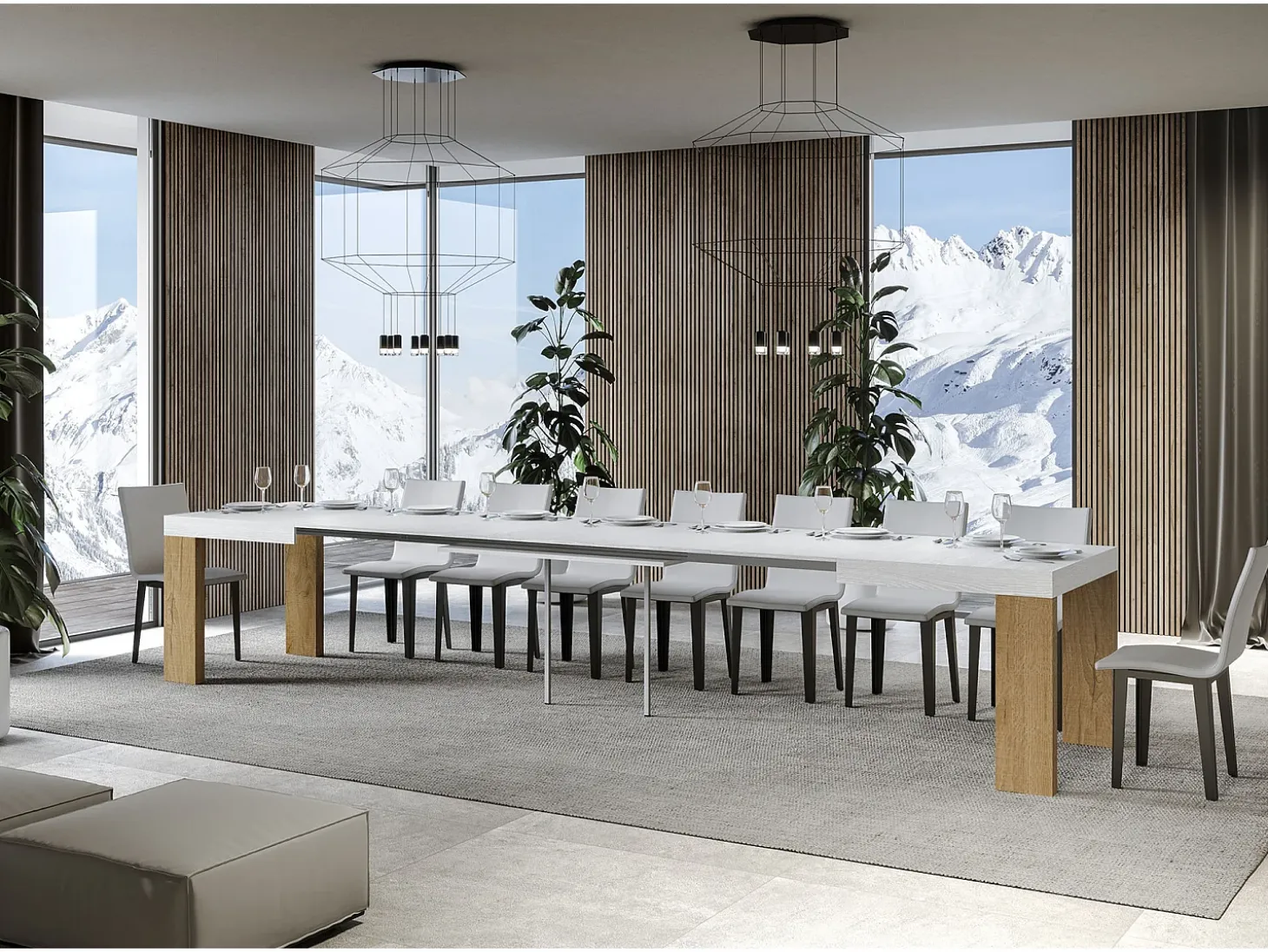 Mesa rectangular extensible madera blanca y natural 160 a 420 cm Ribo-Soporte 2 pies
