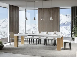 Mesa rectangular extensible madera blanca y natural 160 a 420 cm Ribo-Soporte 2 pies