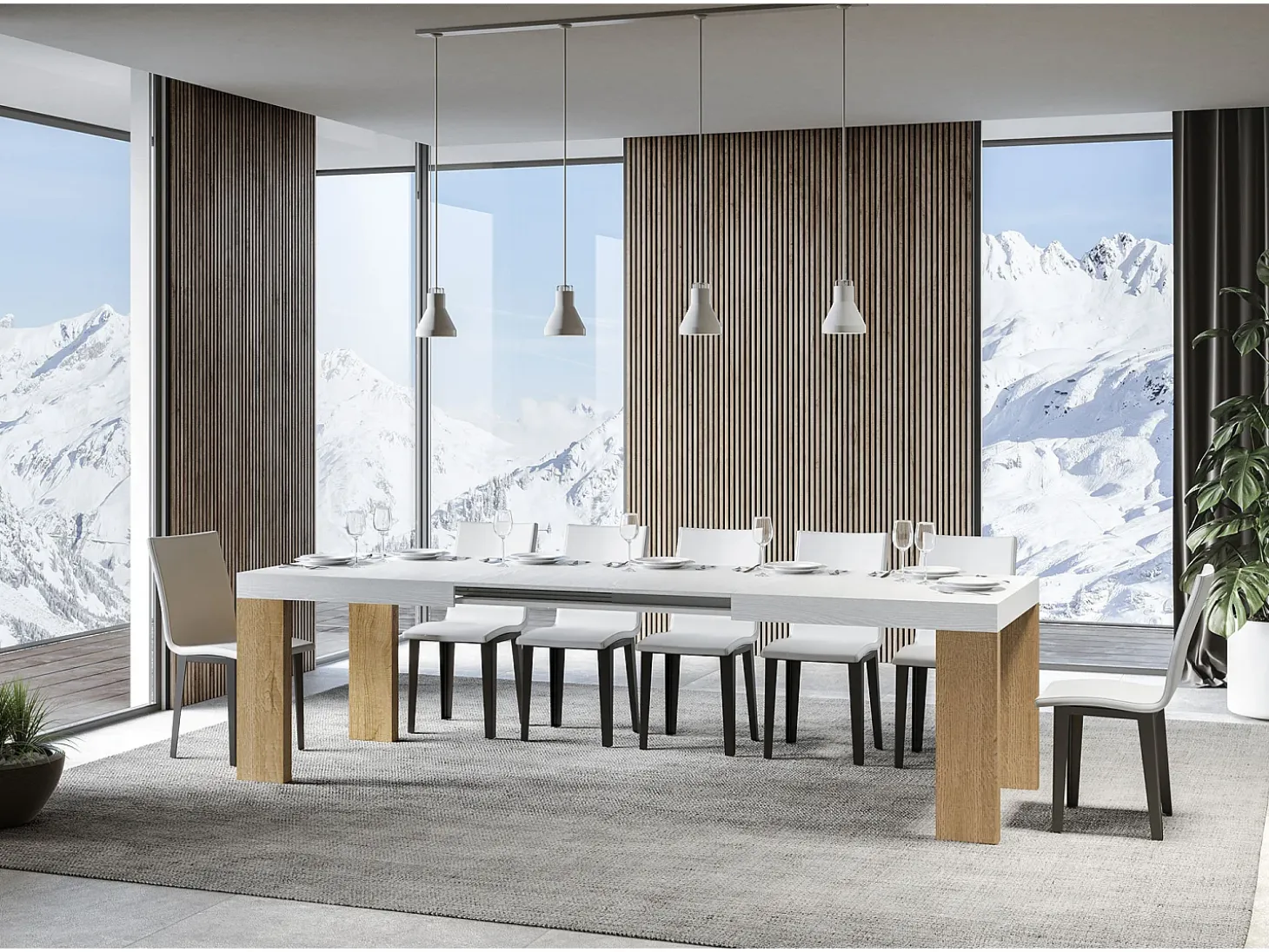 Mesa rectangular extensible madera blanca y natural 160 a 420 cm Ribo-Soporte 2 pies