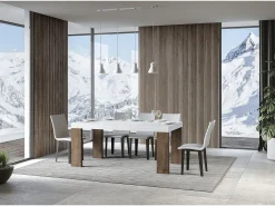 Mesa rectangular extensible madera blanca y nogal 160 a 420 cm Ribo-Base y soporte con ruedas