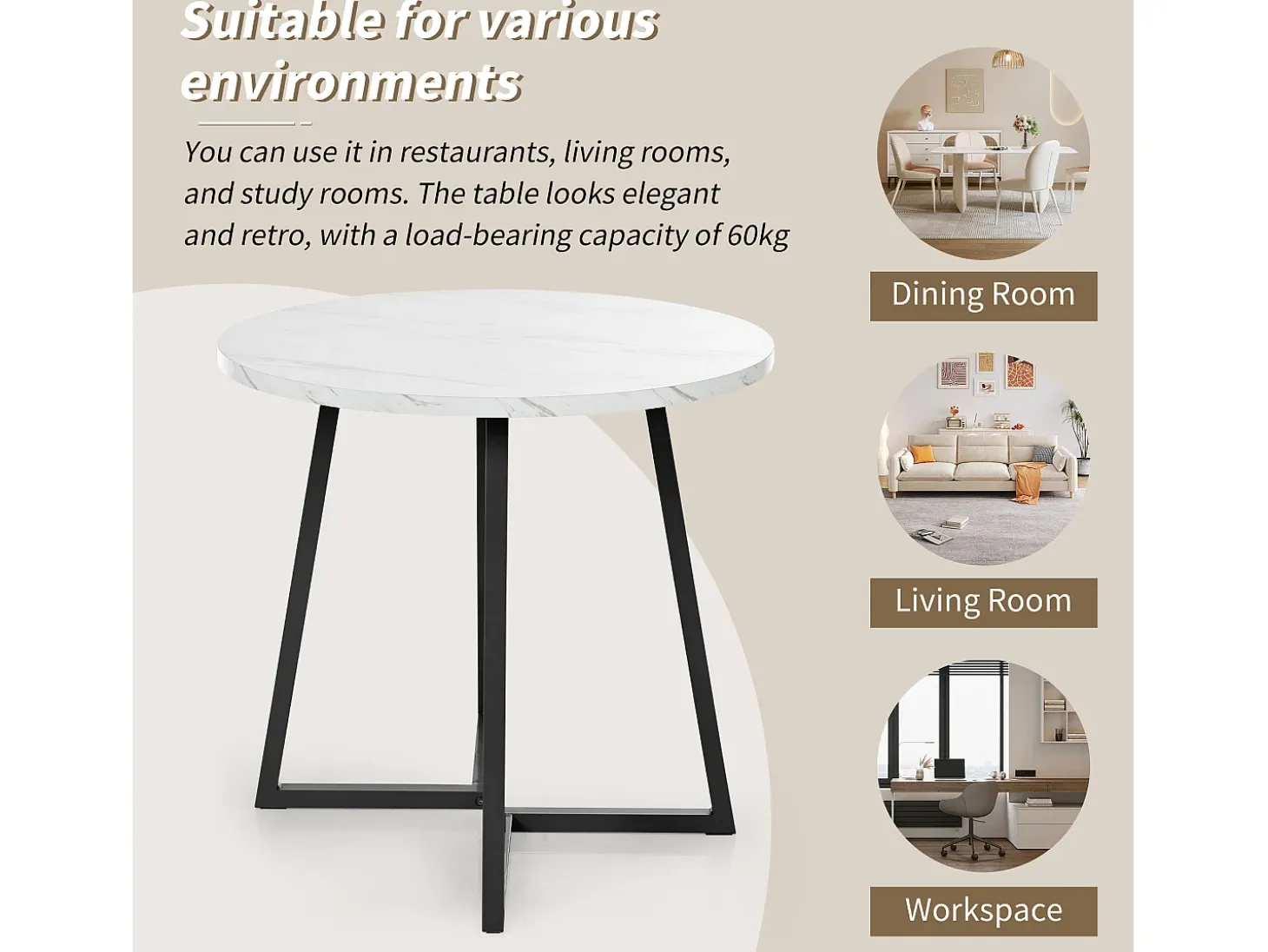Mesa redonda, 1 pieza, mármol blanco, estructura de metal negro, ideal para cocina y salón.