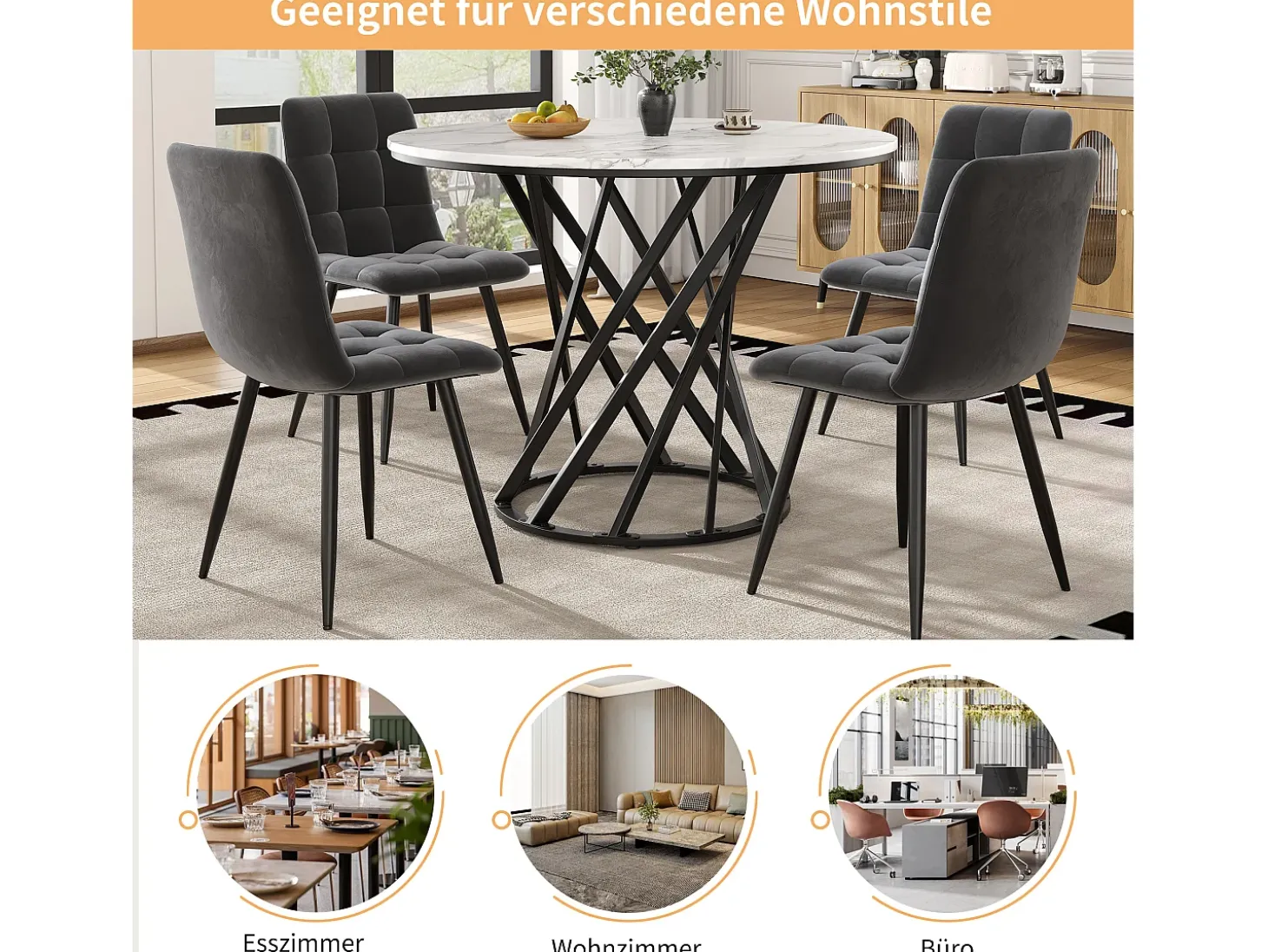 Mesa redonda con patas de metal negro, MDF efecto mármol, 100 cm de diámetro, para 4 personas (100 x 100 x 76 cm)