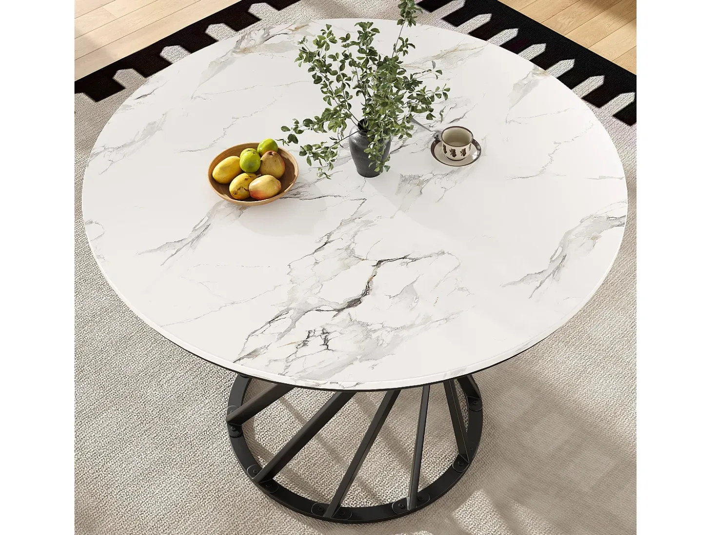 Mesa redonda con patas de metal negro, MDF efecto mármol, 100 cm de diámetro, para 4 personas (100 x 100 x 76 cm)