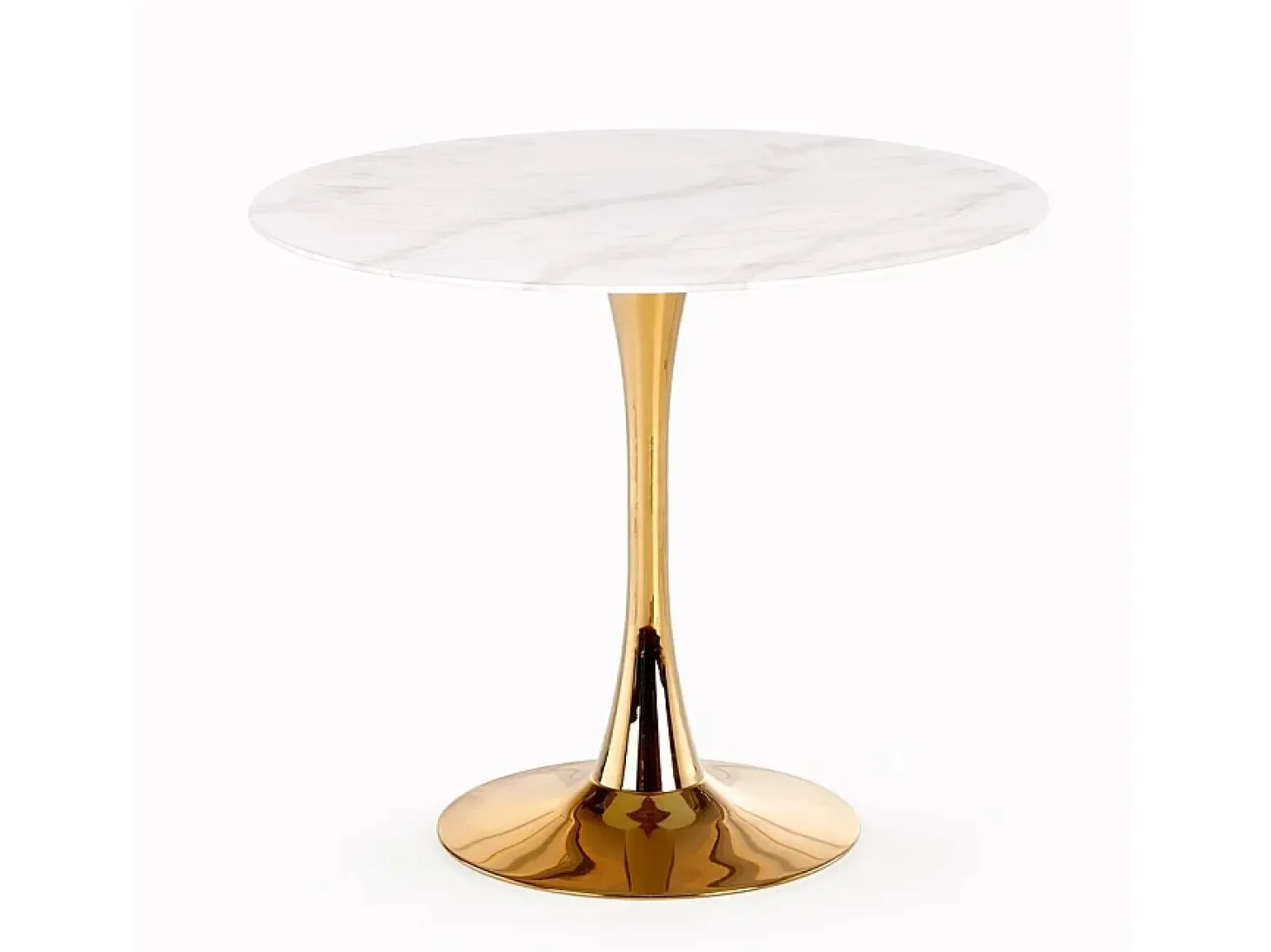 Mesa redonda con tablero de cristal imitación mármol blanco y pata central de acero dorado BOOTIS