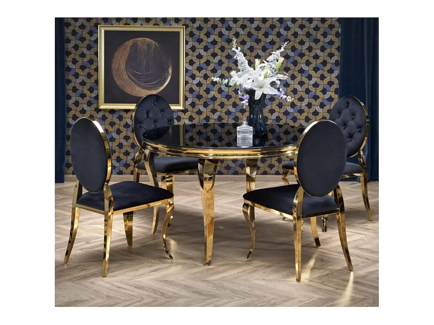 Mesa redonda de 120 cm con patas doradas y tablero de cristal negro CANICA