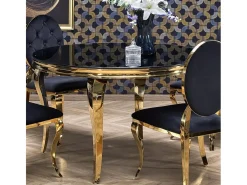 Mesa redonda de 120 cm con patas doradas y tablero de cristal negro CANICA