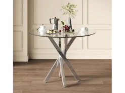 Mesa redonda de comedor 80×80×75 cm - tablero de vidrio templado - patas galvanizadas - plateado