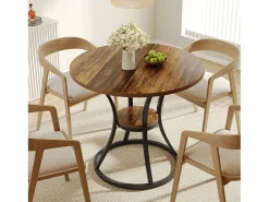 Mesa redonda de comedor para 4 personas, mesa de comedor circular de madera con estante de almacenamiento, 2 niveles