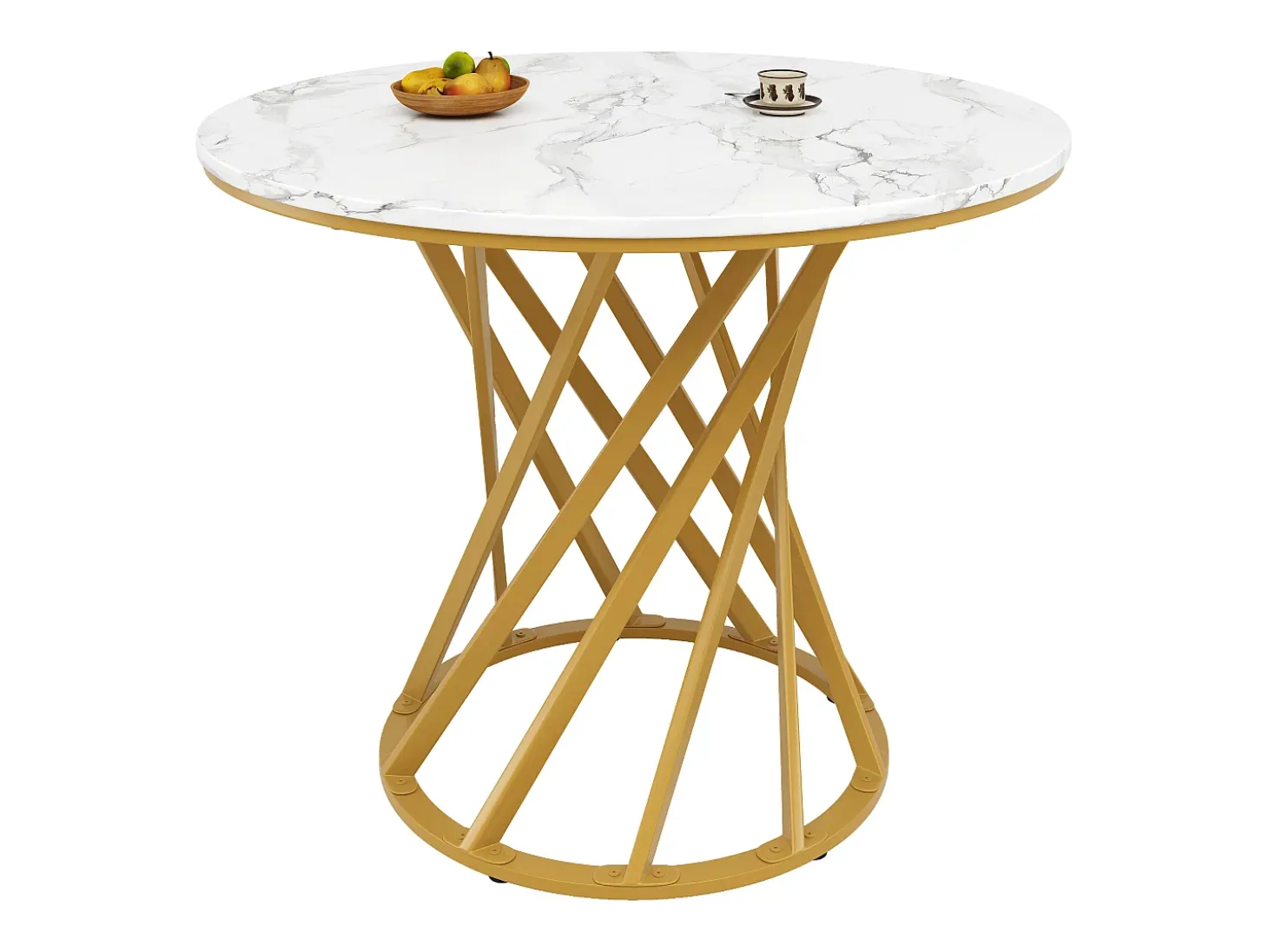 Mesa redonda de MDF efecto mármol con patas de metal dorado, 100 cm (100 x 100 x 76 cm)