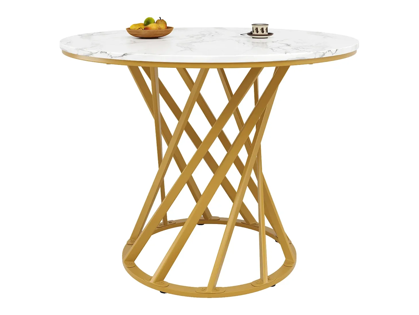 Mesa redonda de MDF efecto mármol con patas de metal dorado, 100 cm (100 x 100 x 76 cm)