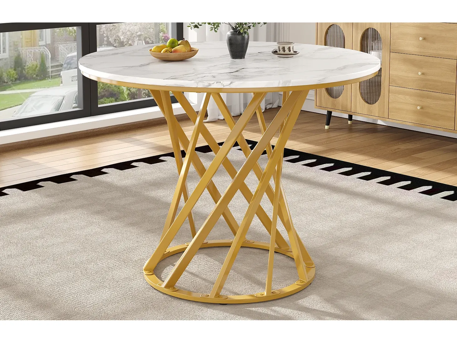 Mesa redonda de MDF efecto mármol con patas de metal dorado, 100 cm (100 x 100 x 76 cm)