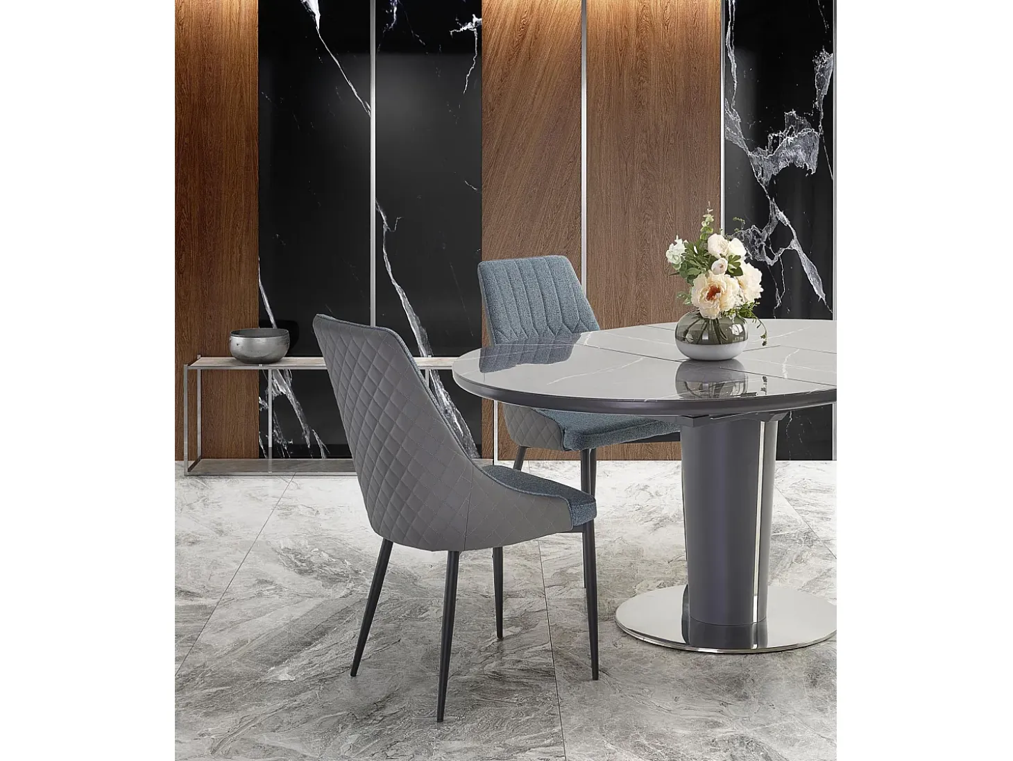 Mesa redonda estilo mármol gris 120-160cm con extensión y pata central Calvi