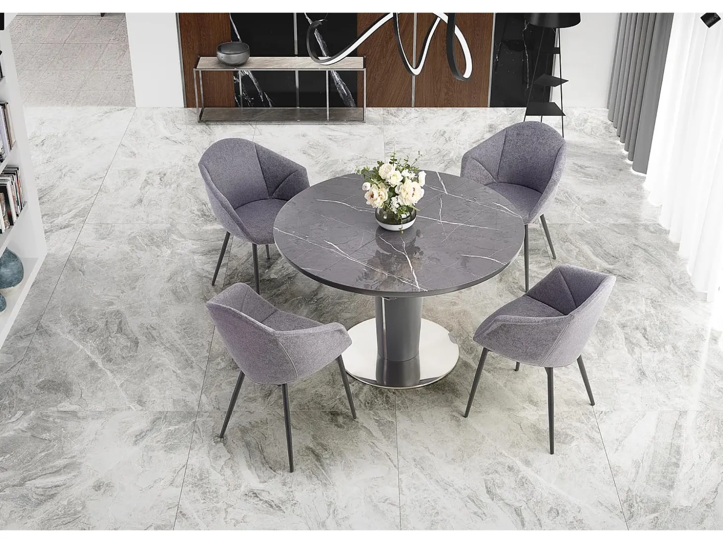Mesa redonda estilo mármol gris 120-160cm con extensión y pata central Calvi