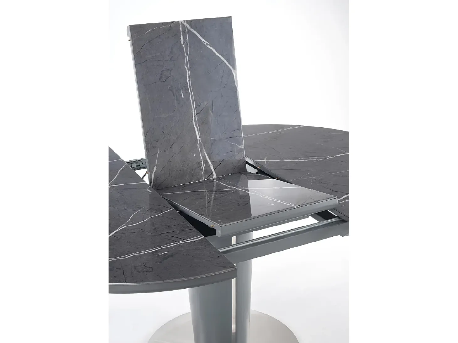Mesa redonda estilo mármol gris 120-160cm con extensión y pata central Calvi