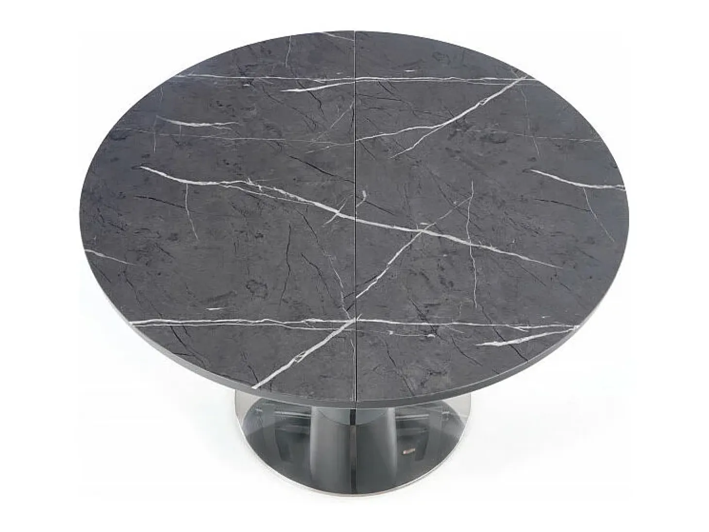 Mesa redonda estilo mármol gris 120-160cm con extensión y pata central Calvi