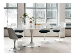 Mesa tulipán redonda, 110 cm, mármol negro, base negro mate-Bandeja Mármol blanco de Carrara-Diámetro 100 cm-Color de los pies Blanco brillante