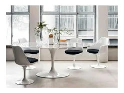 Mesa tulipán redonda, 110 cm, mármol negro, base negro mate-Bandeja Mármol blanco de Carrara-Diámetro 80 cm-Color de los pies Blanco mate
