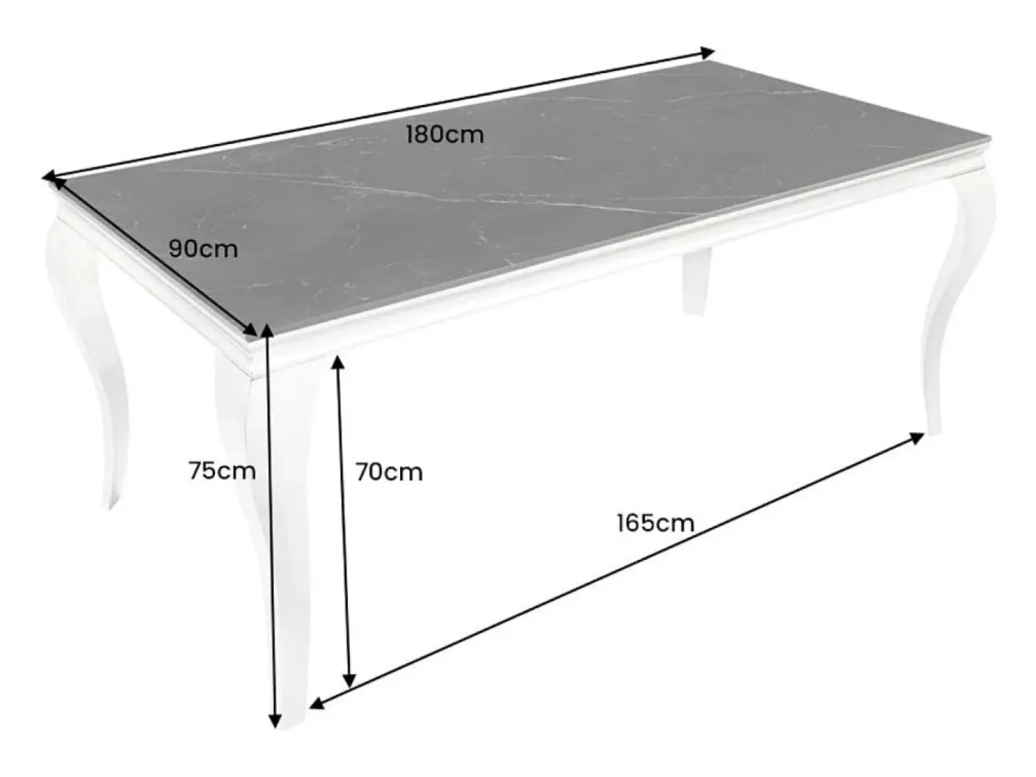 Mesa VELENA – Rectangular 180 cm – Tablero de piedra sinterizada y acero cromado – Estilo barroco