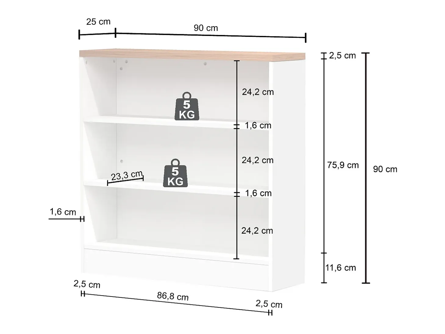Meuble estantería de cocina Sole con 3 estantes blanco brillo y report 90x90x25 cm
