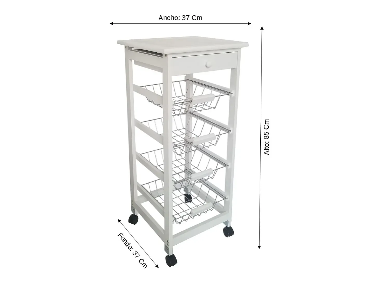 Meyvaser - Carro de Cocina con Ruedas Bahia 2 Blanco 4 cestas y cajón 37x37x85 cm
