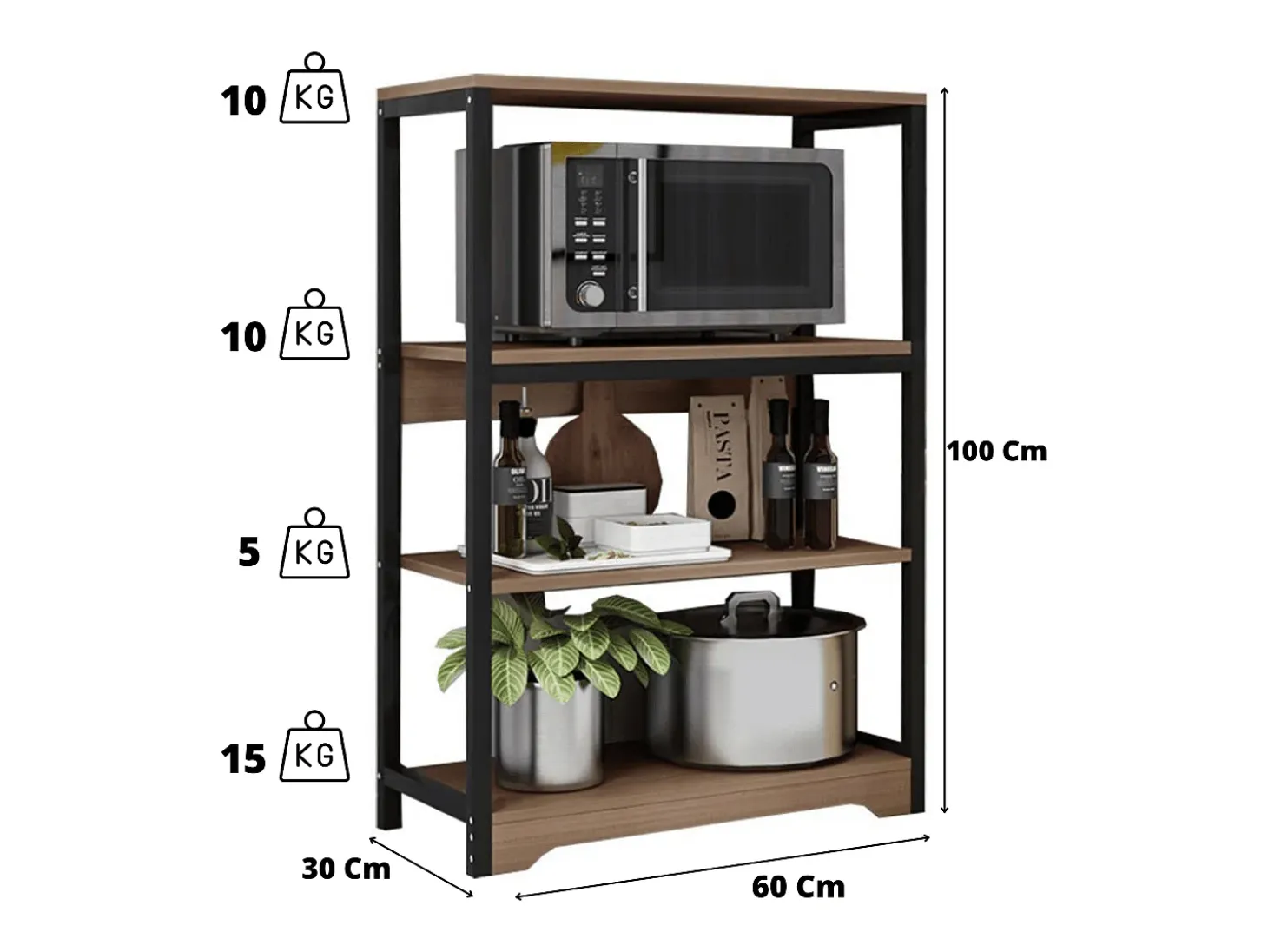 Meyvaser Estantería de Cocina con Marco de Metal Negro, Estante Industrial para microondas 60x30x100 Cm