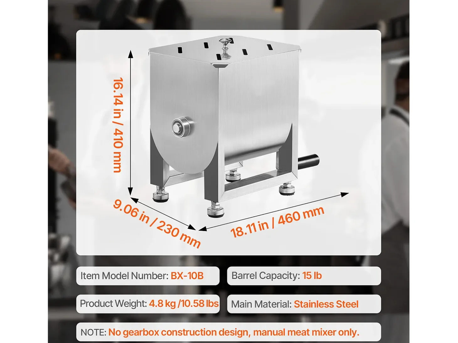 Mezcladora de Carne SucceBuy, Manual con Depósito Fijo de 15 L de Acero Inoxidable para Carne Picada