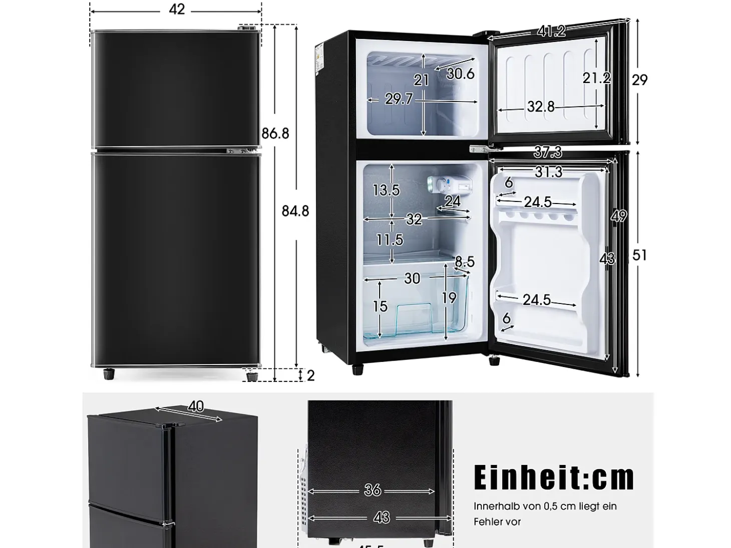 Mini Frigorífico - Congelador 22L + Frigorífico 38L - 42x45,5x86,8cm - 172 kWh/año, Luz LED - Clase F - Negro