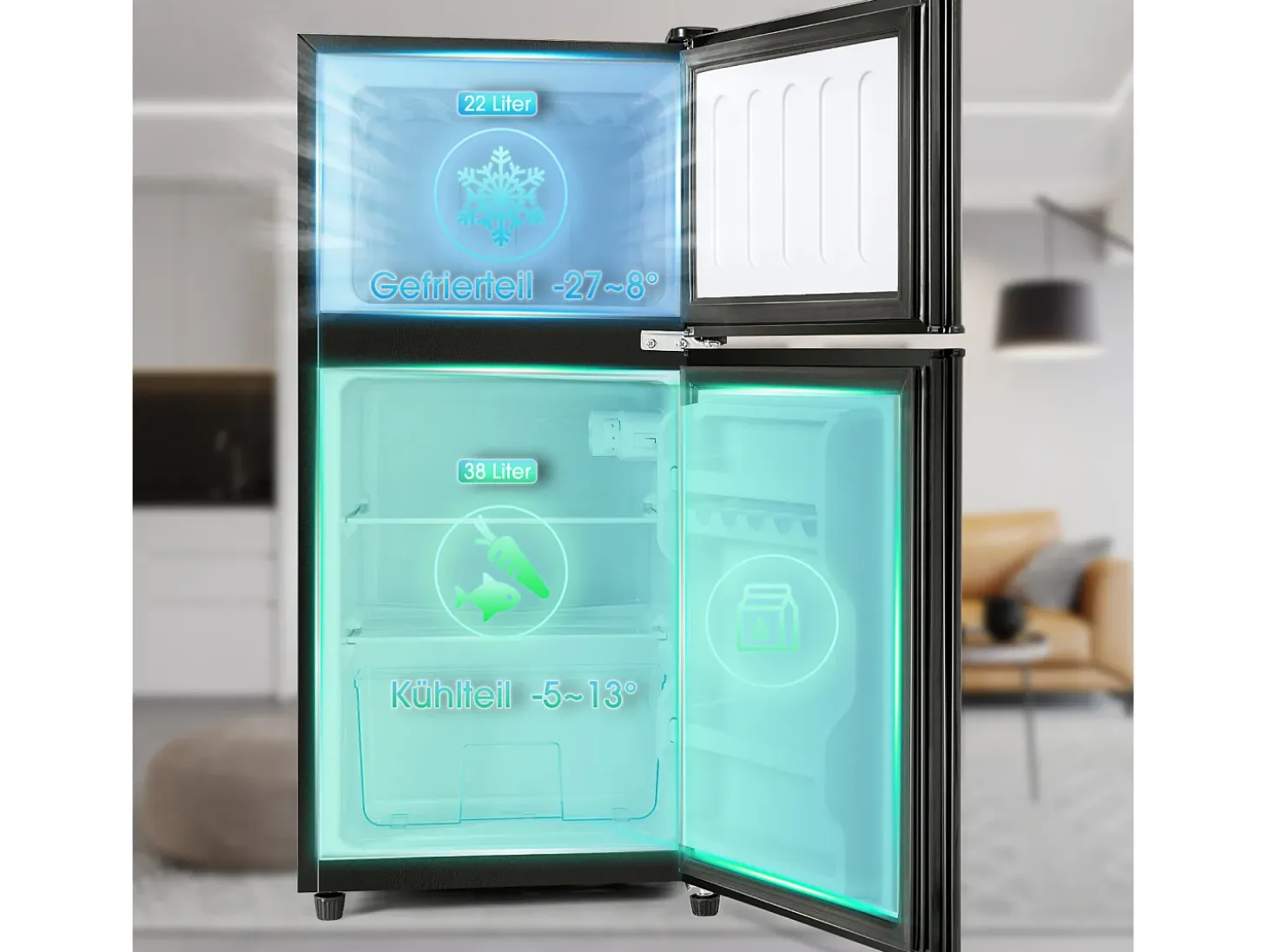 Mini Frigorífico - Congelador 22L + Frigorífico 38L - 42x45,5x86,8cm - 172 kWh/año, Luz LED - Clase F - Negro