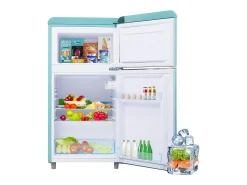 Mini nevera retro, 72 L en total, 21 L en congelador, 51 L en frigorífico, Clase energética E, LED, Diseño retro, Cian (45 x 44 x 91 cm)