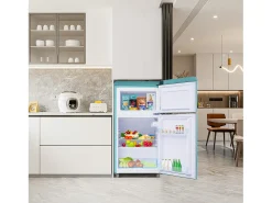 Mini nevera retro, 72 L en total, 21 L en congelador, 51 L en frigorífico, Clase energética E, LED, Diseño retro, Cian (45 x 44 x 91 cm)