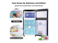 Mini nevera retro, 72 L en total, 21 L en congelador, 51 L en frigorífico, Clase energética E, LED, Diseño retro, Color negro (45 x 44 x 91 cm)