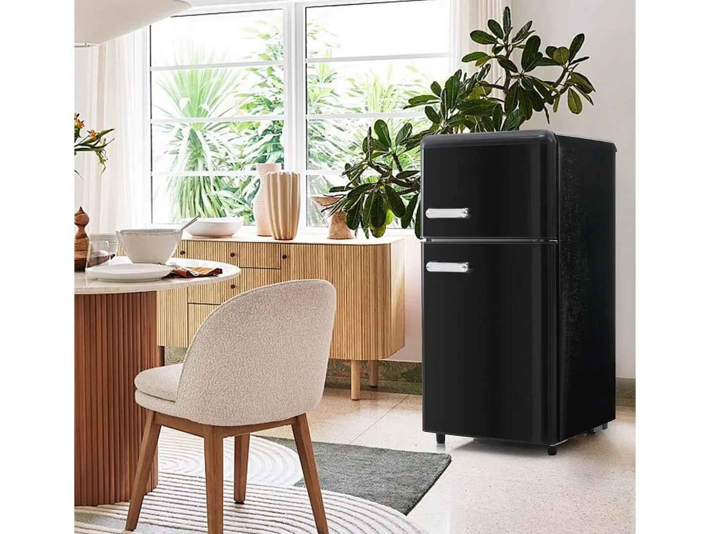 Mini nevera retro, 72 L en total, 21 L en congelador, 51 L en frigorífico, Clase energética E, LED, Diseño retro, Color negro (45 x 44 x 91 cm)