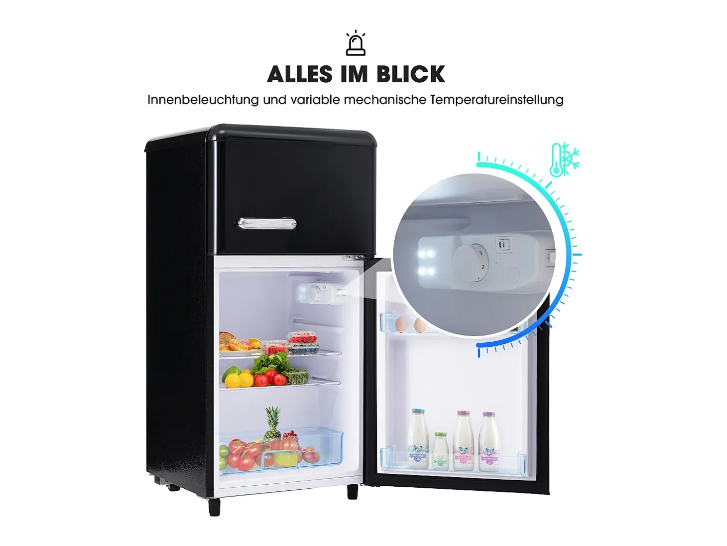 Mini nevera retro, 72 L en total, 21 L en congelador, 51 L en frigorífico, Clase energética E, LED, Diseño retro, Color negro (45 x 44 x 91 cm)