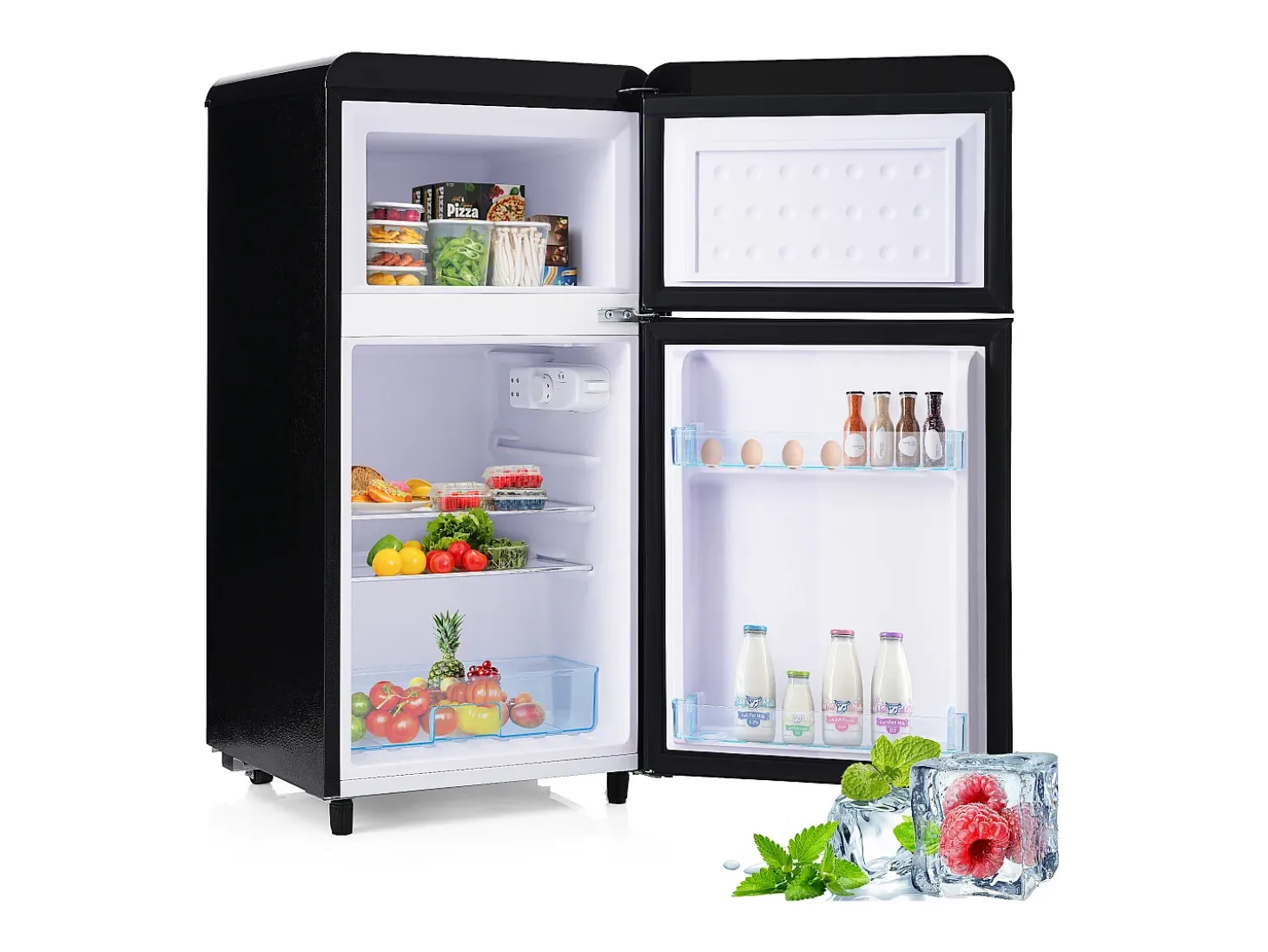 Mini nevera retro, 72 L en total, 21 L en congelador, 51 L en frigorífico, Clase energética E, LED, Diseño retro, Color negro (45 x 44 x 91 cm)
