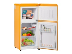 Mini nevera retro, 60 L en total, 22 L en congelador, 38 L en frigorífico, clase energética E, LED, diseño retro, amarillo (88,8 x 45,5 x 42,5 cm)