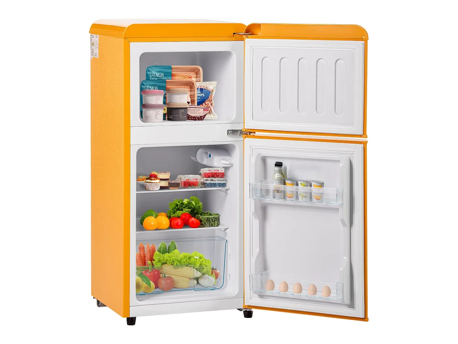 Mini nevera retro, 60 L en total, 22 L en congelador, 38 L en frigorífico, clase energética E, LED, diseño retro, amarillo (88,8 x 45,5 x 42,5 cm)