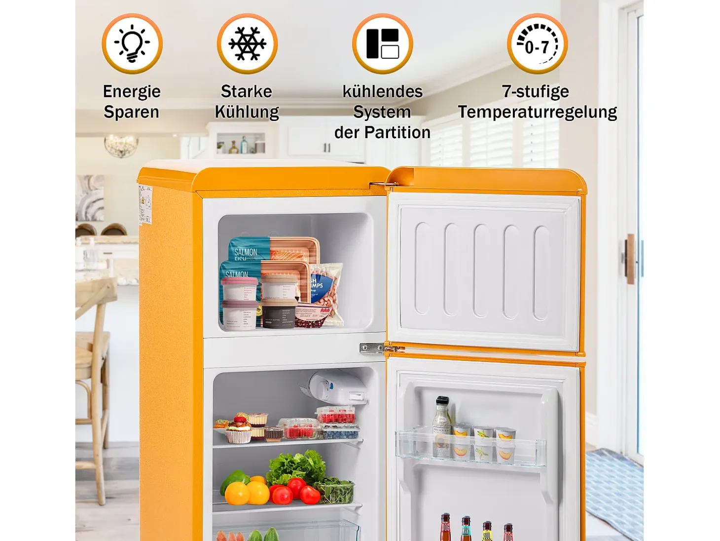 Mini nevera retro, 60 L en total, 22 L en congelador, 38 L en frigorífico, clase energética E, LED, diseño retro, amarillo (88,8 x 45,5 x 42,5 cm)