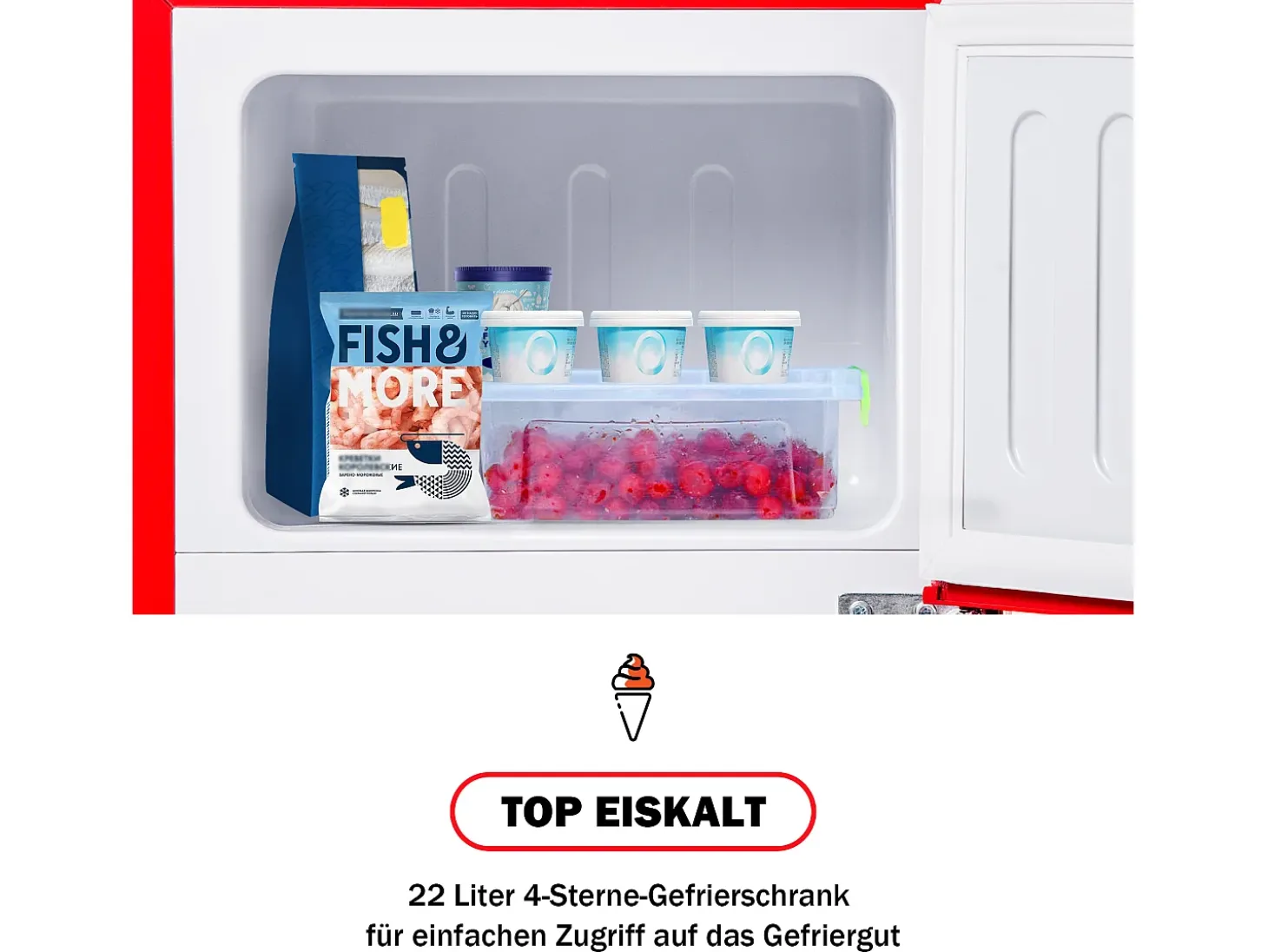 Mini nevera retro, 60 L en total, 22 L en congelador, 38 L en frigorífico, clase energética E, LED, diseño retro, color rojo (88,8 x 45,5 x 42,5 cm)