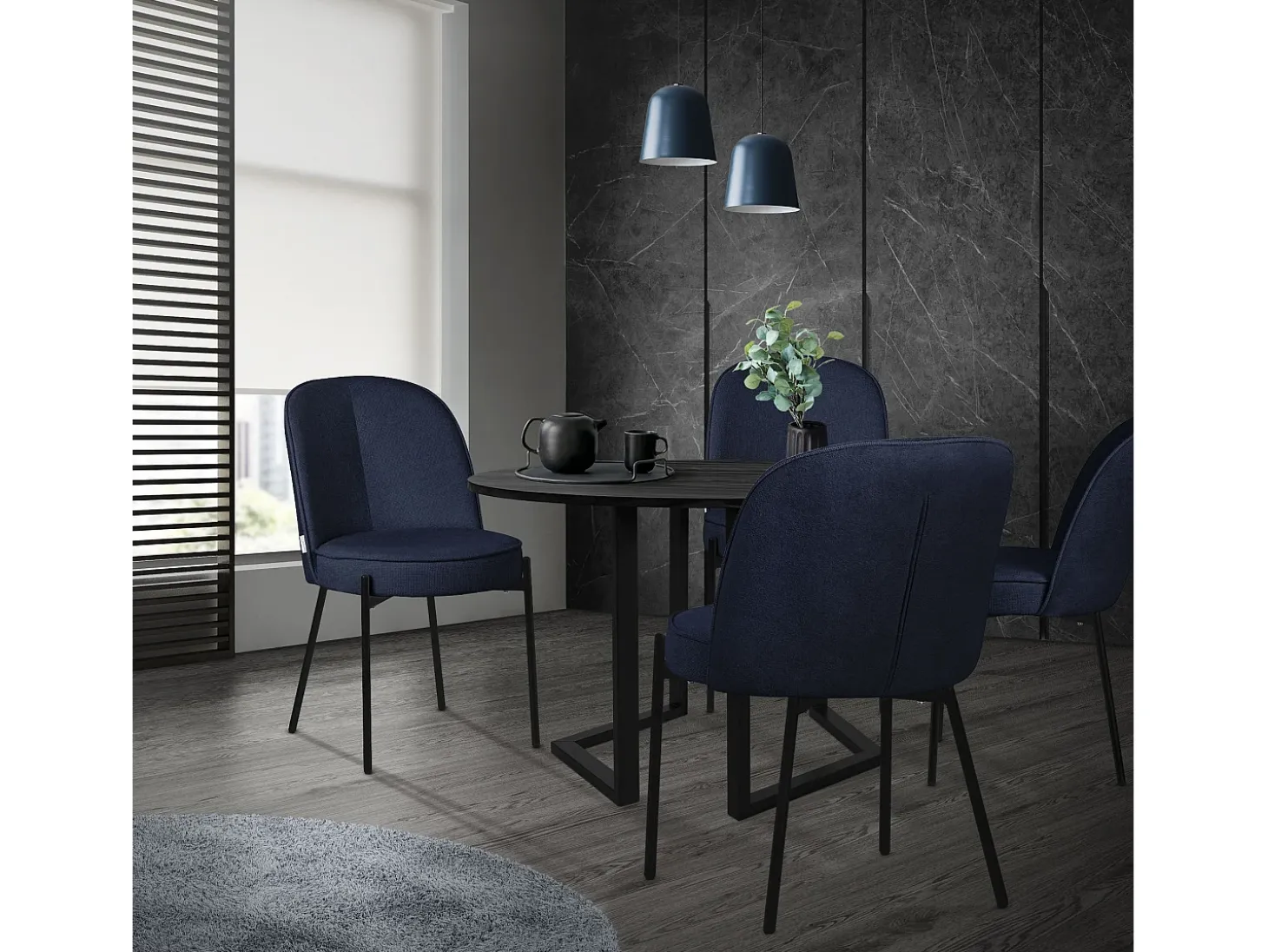 ML-Design 4 Sillas de comedor redondas azul oscuro poliéster tapizado con patas de metal asiento acolchado con respaldo diseño atemporal ergonómico