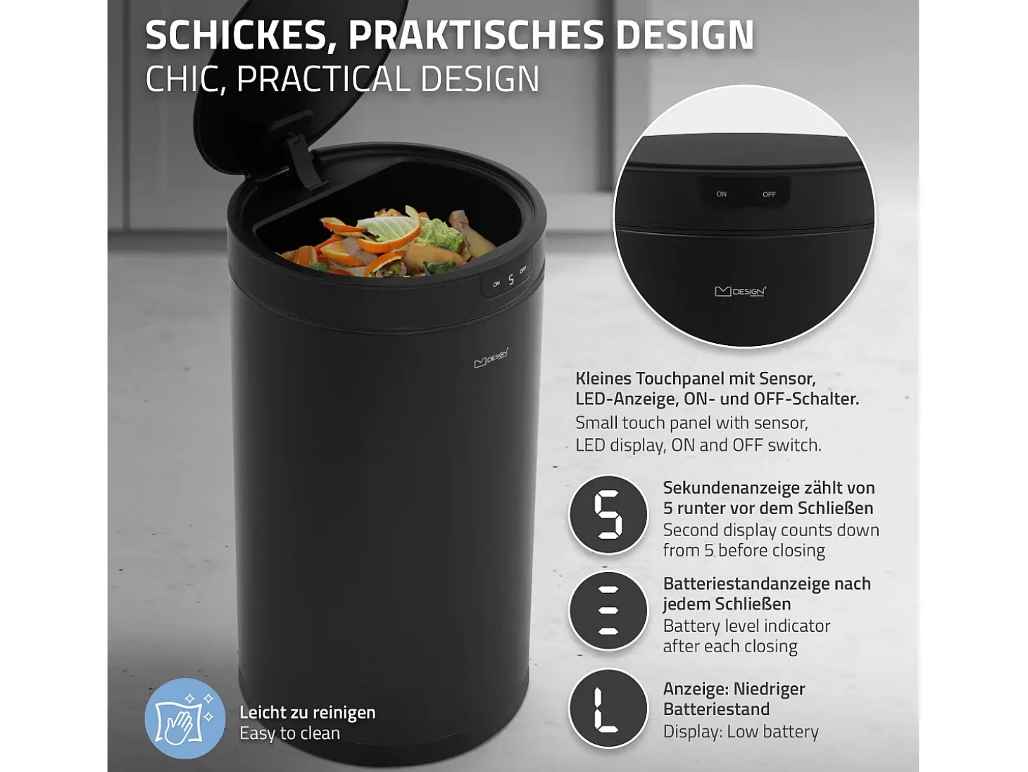 ML-Design Cubo de basura inteligente con sensor de movimiento 30L papelera redonda con apertura y cierre automática de acero negro con pantalla LED