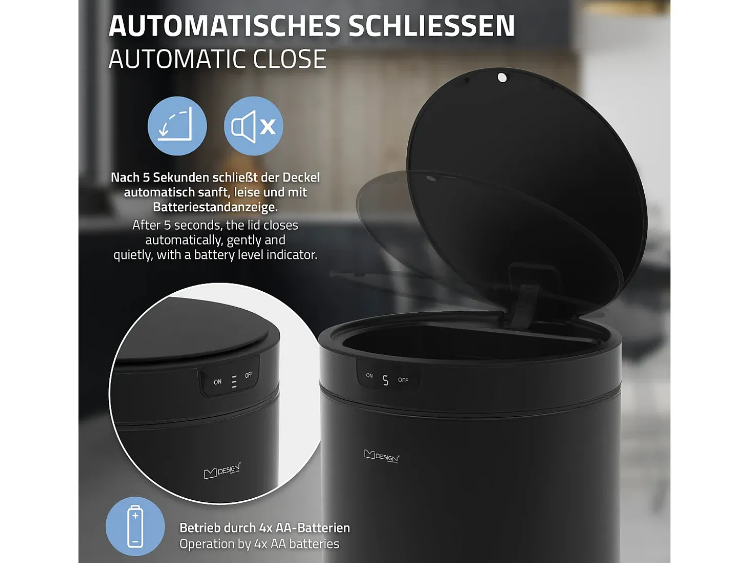 ML-Design Cubo de basura inteligente con sensor de movimiento 30L papelera redonda con apertura y cierre automática de acero negro con pantalla LED